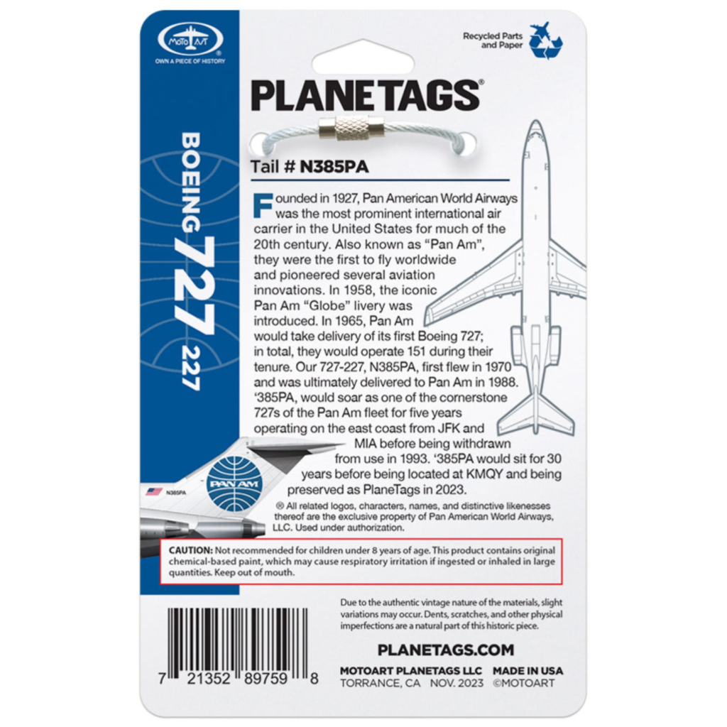 Blue再入荷】PLANETAGS B727 N385PA Pan Am® プレーンタグス